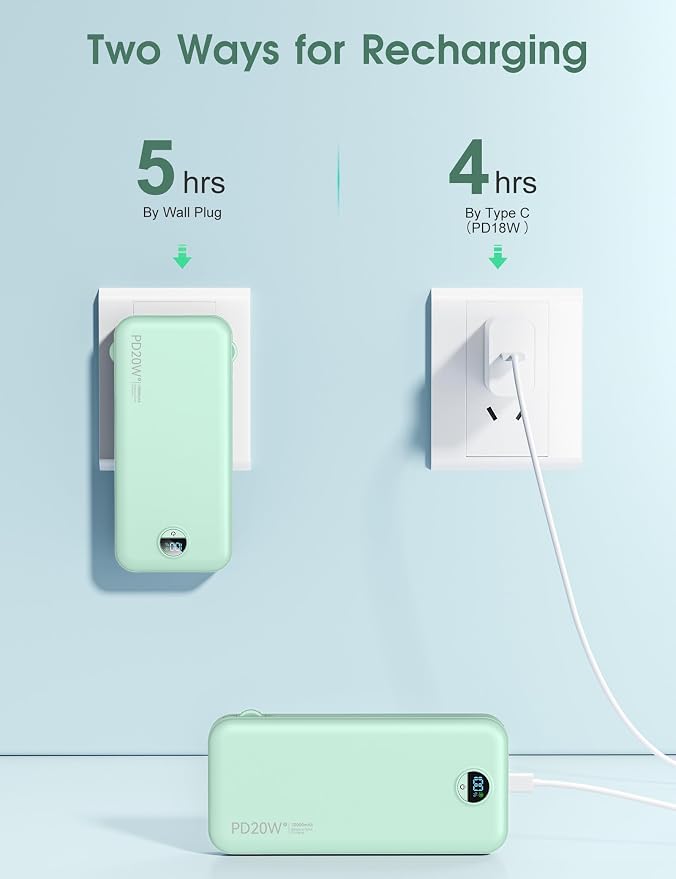 citicr Portable Charger 10000mAh PD20W w/Built-in Cables & Wall Plug Green | Fast charging, Built-in wall plug, LED display, Charge 5 devices at once, Pass through charging, TSA approved, Pocket size - Image 8