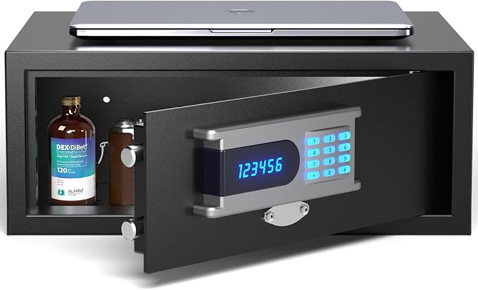28 lb Hotel Dorm Safe Box, 17" Laptop Safe with Audit Trail | Audit Trail, Hotel Mode, Admin Password, Silent Keypad, Backlit LED, Fits Laptop & Documents, 1.36 cu. ft. Commercial Safe - Image 9