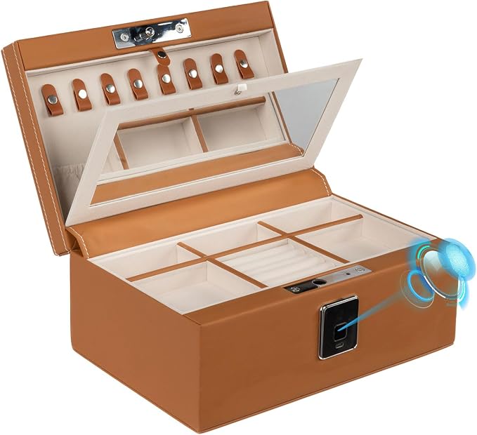 Jewelry Safe, Biometric Fingerprint Safe, Leather Wrapped Jewelry Box with Lock & Mirror, Ultra-Lightweight Jewelry Box Suitable for Home Use & On-the-Go(Three-Tier Brown) by SecureYourWorld
