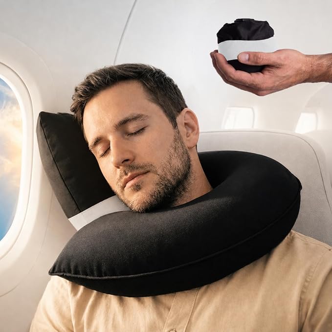 CANDY CANE Inflatable Travel Pillows for Airplanes, Cars & Home. Head, Neck & Chin Support. Firmness Adjustable, Inflatable Neck Pillow (Black) by CandyCane