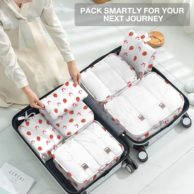 8 Set Packing Cubes for Suitcases,Packing Cube with Shoe, Cosmetics, Clothing, and Accessories Bags Packing Cubes for Travel Luggage Organizer Women Men(Strawberry Bows) - Image 7