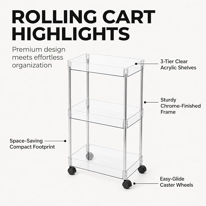 American Dream Acrylic 3-Tier Rolling Cart with Wheels, Chrome & Clear Utility Storage Trolley, Mobile Organizer for Kitchen, Bathroom & Office - Image 5