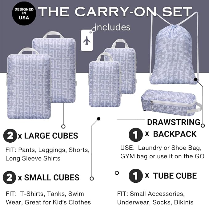 Compression Packing Cubes for Travel 6pc Set with Laundry Bag/Backpack-Luggage Organizers for Suitcase-Lightweight Compressible - Light Blue Boho - Image 3