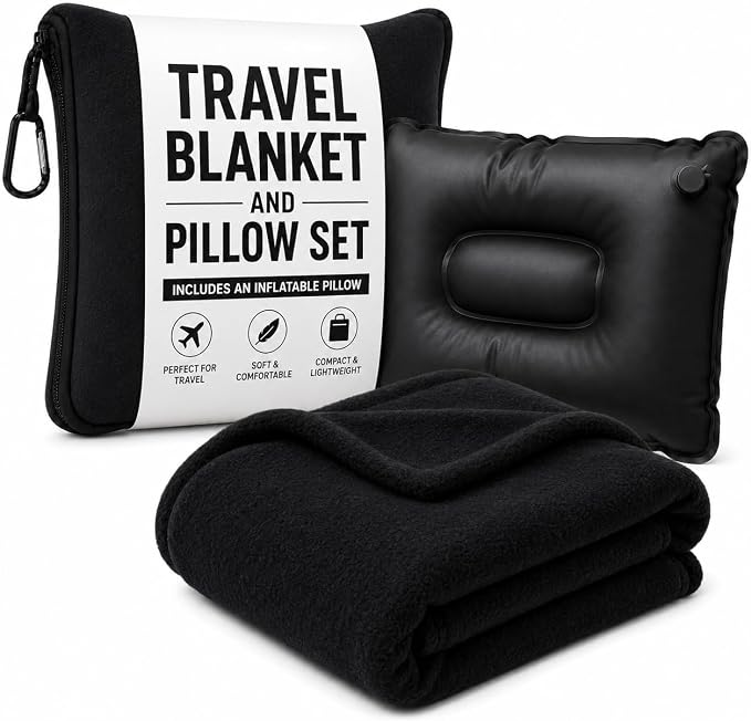 Dot&Dot Travel Pillow and Blanket Set, 2-in-1 Airplane Travel Essentials with Soft Flannel Travel Blanket, Inflatable Pillow, Compact Carry Bag with Carabiner for Flights, Camping, Cruise Ship, Car by DotDot