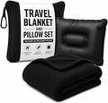 Dot&Dot Travel Pillow and Blanket Set, 2-in-1 Airplane Travel Essentials with Soft Flannel Travel Blanket, Inflatable Pillow, Compact Carry Bag with Carabiner for Flights, Camping, Cruise Ship, Car by DotDot