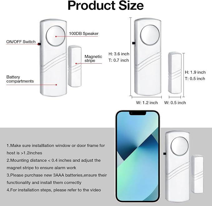 Door Window Alarm, 90dB Wireless Sensor Door Window Burglar Alarm for Home Security, Kids Safety and Office, Garage, Apartment, House, Easy Installation - Image 3