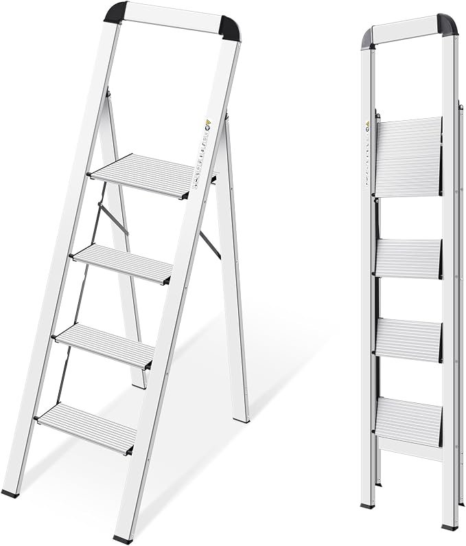 KINGRACK Aluminium 4 Step Ladder, Lightweight Step Stool with Non-Slip Pedals, Handrail, Foldable Step Ladder for Kitchen, Garage, Home, Space Saving, Sturdy and Portable, Silver by KINGRACK