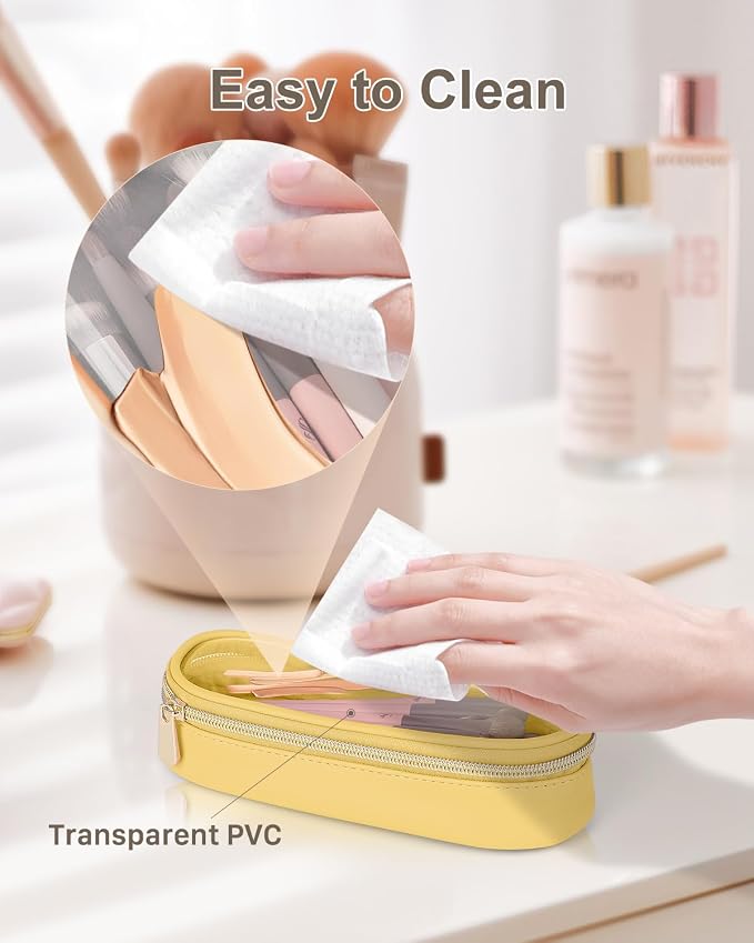 Soimeat Clear Travel Makeup Brush Holder, Leather Makeup Brush Toiletry Bag, Portable Cosmetic Brush Case, Transparent Waterproof Makeup Brush Storage Bag, Yellow - Image 4