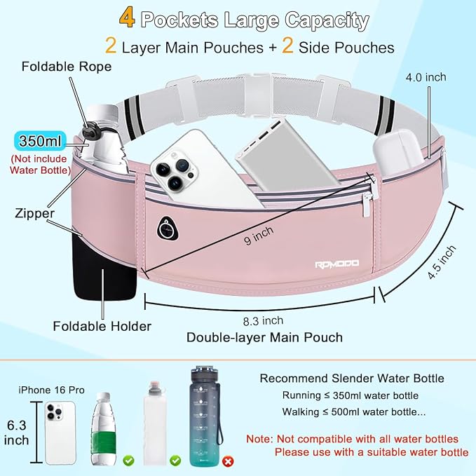 Hydration Waist Pack for Women Men for Running Outdoor, Pink | Slim Running Belt with Water Bottle Holder, 4 Pocket Large Capacity, Lightweight & Reflective, Fanny Pack for iPhone Samsung - Image 2
