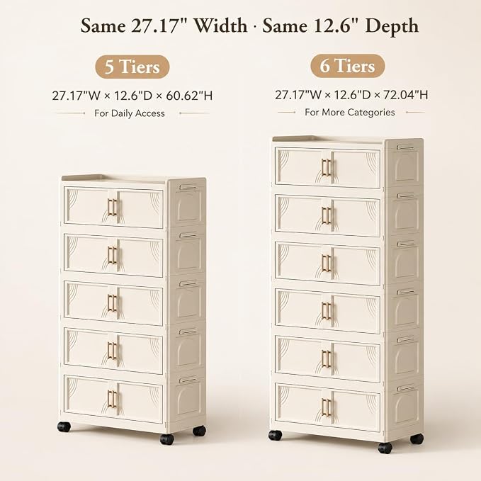 6-Tier Foldable Storage Cabinet with Doors and Locking Wheels | Tall white PP cabinet, 30 lb per tier; magnetic double doors, raised top tray, snap-fit tiers, and 360° locking wheels - Image 2