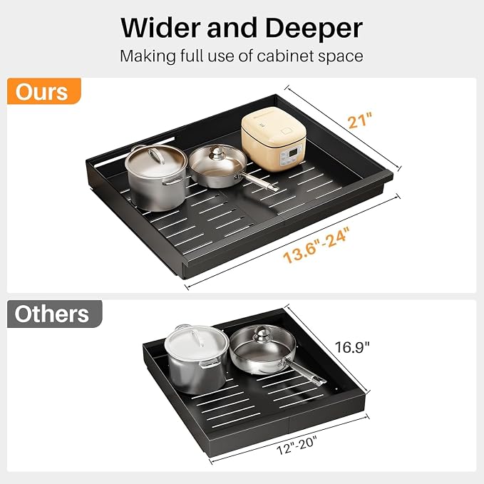 Pull out Cabinet Organizer, 4-Pack Expandable(13.6"-24") Silde out Drawers with Raising Pad for Framed Cabinets, Adjustable Full-Extension Roll out Shelves for Kitchen Pantry Home Pot and Pan(Black) - Image 2