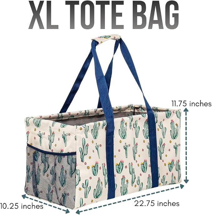 Extra Large Utility Tote Bag, Oversized Collapsible Reusable Wire Frame Rectangular Canvas Basket With Two Exterior Pockets For Beach, Pool, Laundry, Car Trunk, Storage - Cactus White - Image 4