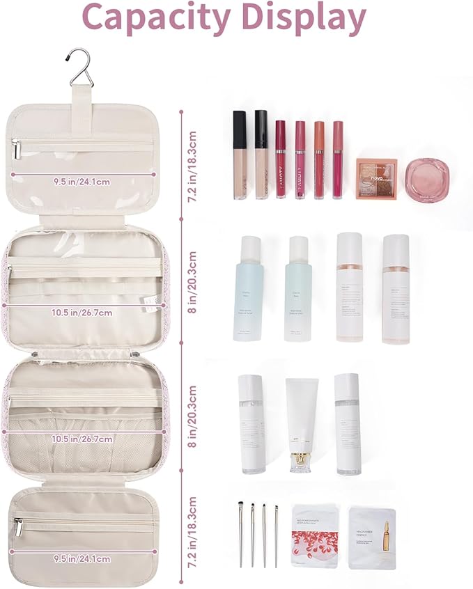 Narwey Hanging Toiletry Bag for Women Travel Makeup Bag Organizer Toiletries Bag for Travel Size Essentials Accessories Cosmetics (Pink Flower Buds (Medium)) - Image 3