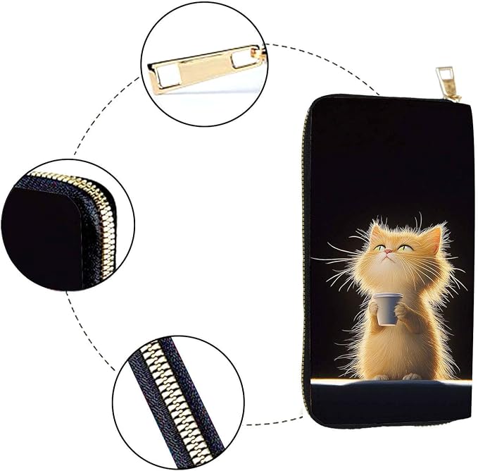 Women's RFID Blocking PU Leather Zip-Around Wallet, Large Capacity Clutch with Phone Holder, Travel Purse & Card Organizer with Removable Wristlet,Messy Cat Drink Coffee - Image 4