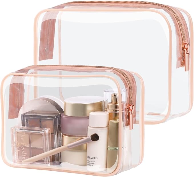 Clear Makeup Bag Travel - TSA Approved Toiletry Bag, 2 Rose Pink | 1 Medium Quart Carry-On & 1 Large Checked-Luggage, Reinforced Seams, Water-resistant, Clear Easy-Check for Airport, Women by Packism