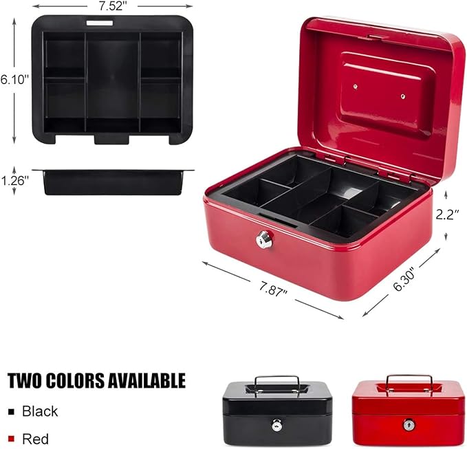Kyodoled Medium Cash Box with Money Tray,Small Safe Lock Box with Key,Cash Drawer,7.87"x 6.30"x 3.54" Red Medium - Image 5