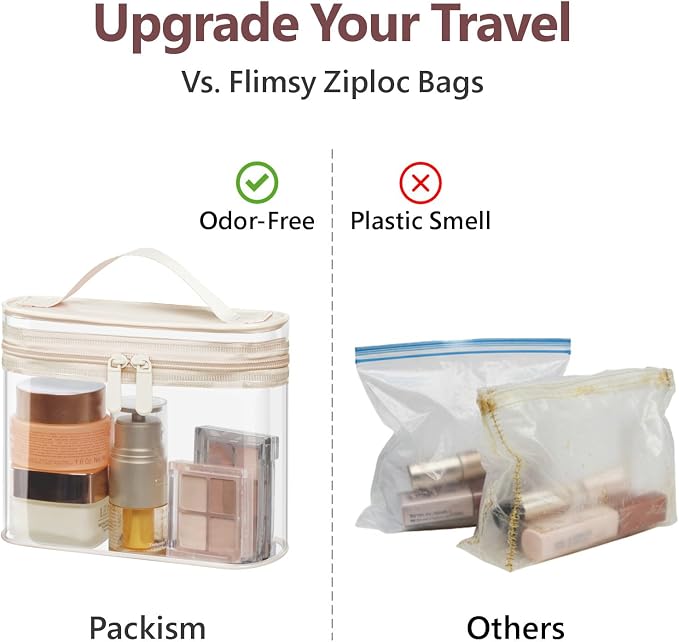 Clear Makeup Bag for Travel - TSA Approved Toiletry Bag, 2 Beige | 1 Medium Quart Carry-On & 1 Large Checked-Luggage, Top Handle, Double Metal Zippers, 180° Opening, Clear Easy-Check, Women - Image 8