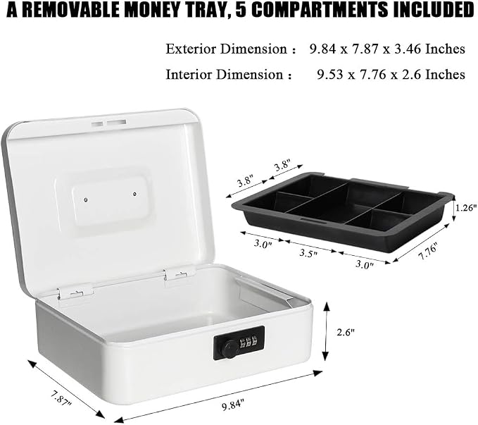 Jssmst Cash Box with Combination Lock - Durable Metal Cash Box with Money Tray, Large, White - Image 2