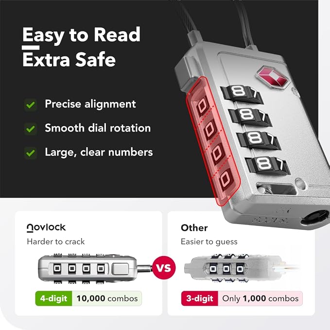 TSA Approved Luggage Locks, Travel Locks with Inspection Indicator | TSA008, Easy to Read Dials, 4 Digit Combination, Flexible Steel Cable, for Suitcases, Backpacks, Bags, 2-Pack, Silver - Image 7