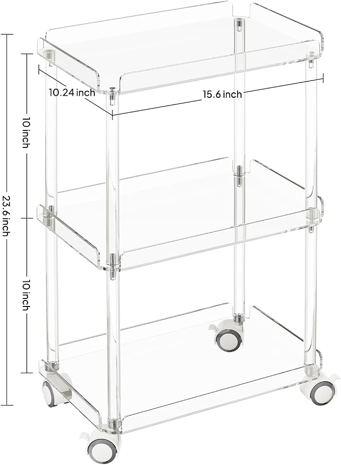 AQUIVER Acrylic 3 Tier Rolling Storage Cart - Small Utility Cart Organizer | Mobile Storage Cart Small Utility Cart for Bathroom, Laundry, Living Room, with Lockable Wheels, 15.6" L × 10.2" W × 23.6" H - Image 2