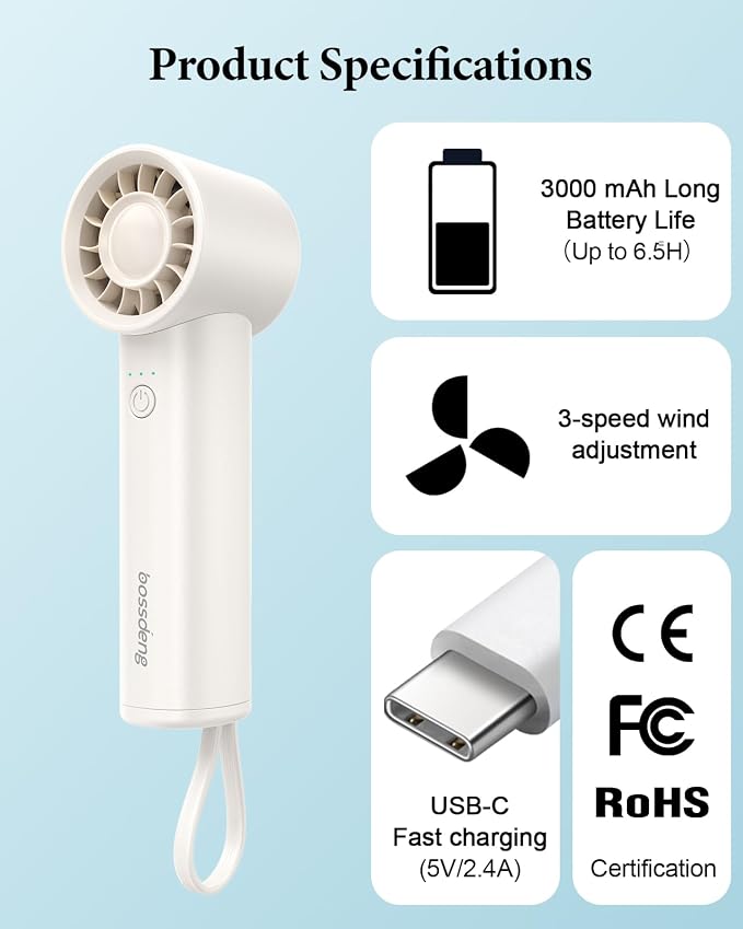 Portable Fan with Power Bank & Flashlight-White | 6.5H Max Cooling,USB-C Rechargeable,Mini Fan for Outdoor/Travel/Beach/Concerts/Summer.Gifts for Girl,Women. - Image 8