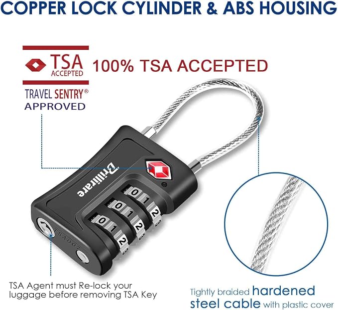 2 Pack TSA Approved Luggage Locks, Combination Travel Cable Padlock, 3-Digit Waterproof Lock, TSA Accepted Outdoor Keyless Resettable Lock for Lockers, Bags, Gym, Gate-Black - Image 2