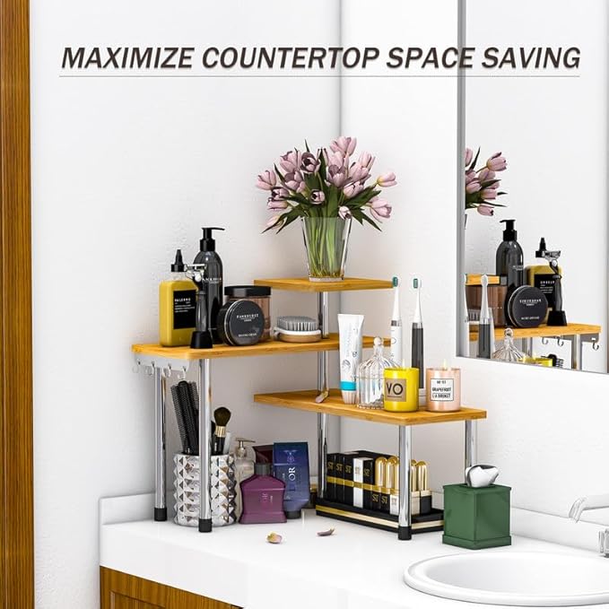 ZHWS Kitchen Countertop Organizer Spice Rack for Salt, Bathroom Counter Organizer Over Sink for Makeup, Skincare, Adjustable 3-Tier Corner Counter Shelf with 4 Hooks for Coffee Bar Dresser Table - Image 6