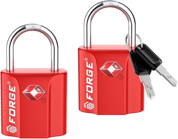 Forge 1''x1'' TSA Approved Luggage Locks: Ultra Secure dimple Key Travel Locks with zinc Alloy Body, for Luggage, Travel Cases, Backpacks, Red 2PK. by Forge