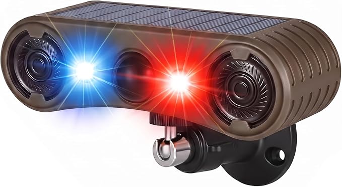 Solar Motion Sensor Alarm Outdoor, 130dB Dual Speaker Loud Noise Maker | Red & Blue Strobe Light, 13 Sounds Continuous Loop Playback, 4 Working Modes for Home, Villa, Farm, Chicken Coop by BISTEE