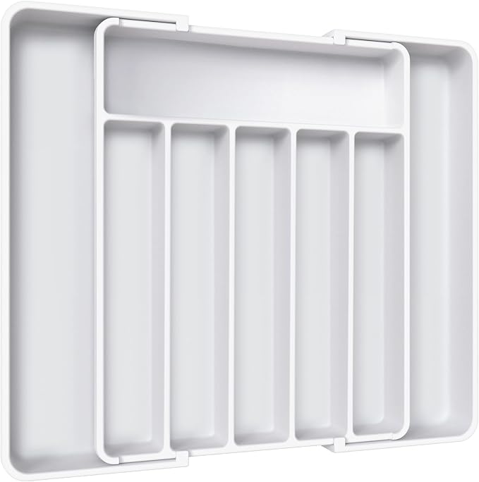 Aujen Silverware Drawer Organizer, Adjustable Utensil Cutlery Tray | Expandable Kitchen Organizer for Forks Knives, Multipurpose Kitchen Storage, Apartment Essentials, White, Large by AUJEN