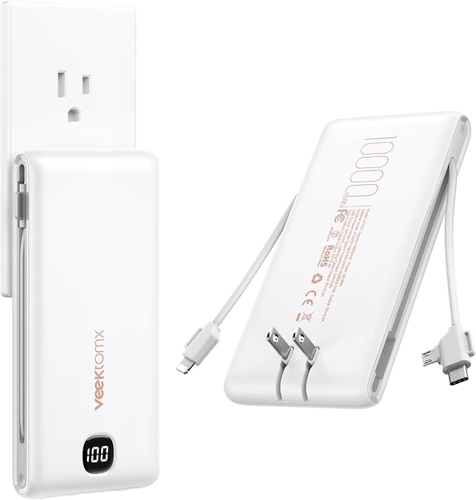 VEEKTOMX Portable Charger with Built-in Cables and AC Wall Plug, 10000mAh | Pocket-Size Travel Power Bank with USB-C and Micro-USB Cables for up to 4 Devices Including iPhone, iPad, Samsung and Kindle by VEEKTOMX
