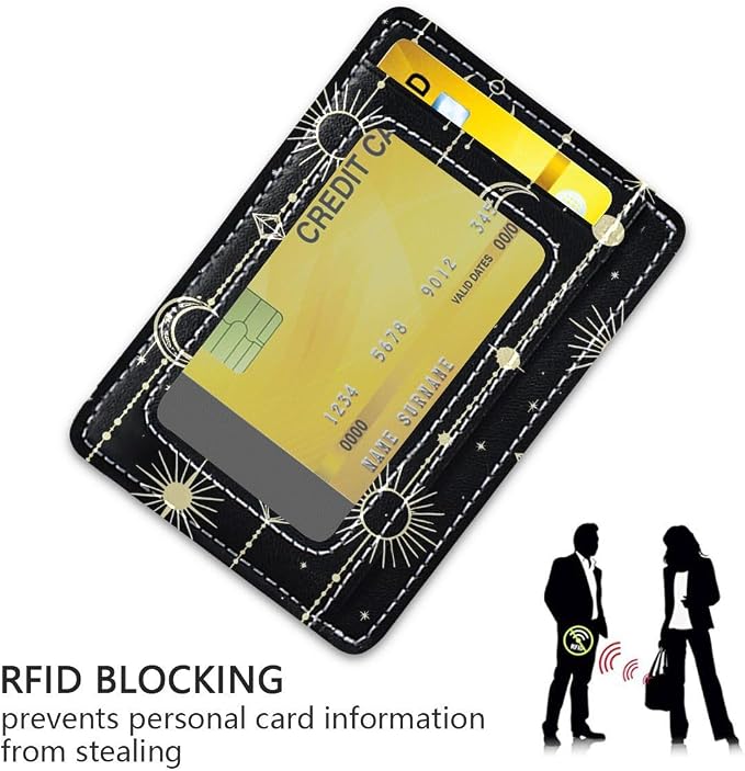 Front Pocket Minimalist Leather Slim Wallet Credit Card Holder Sun Moon Stars Witch for Men & Women - Image 3
