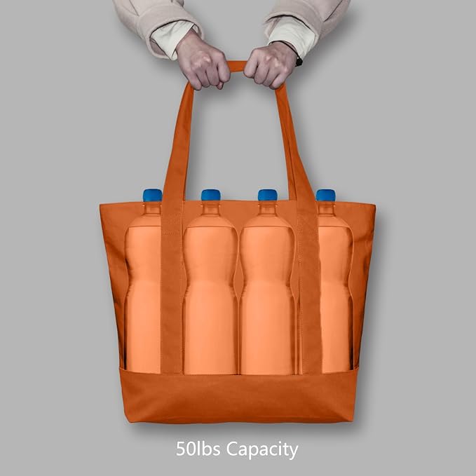 TOPDesign 3-Pack Canvas Tote Bags with an External Pocket, Reusable Grocery Shopping Bags, Top Zipper Closure, Daily Essentials (Orange) - Image 6