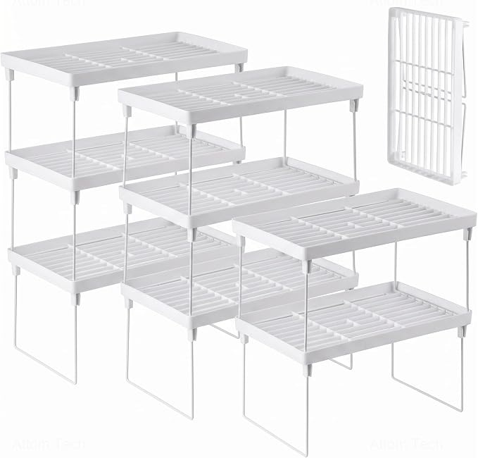 NiHome 8-Pack Stackable Plastic Kitchen Storage Shelf Foldable Rack, White | Stackable Kitchen Cabinet Organizer and Storage Shelves, Expandable Storage Racks for Counter Cabinet Pantry by NiHome
