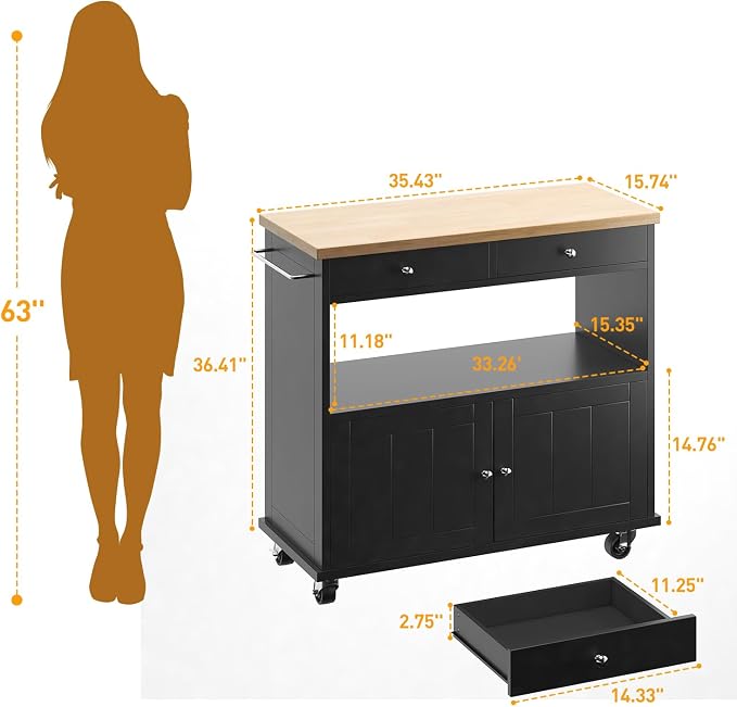 knoworld Rolling Kitchen Island with Storage Cabinet, 35.4'' Width Kitchen Cart, 2 Drawers Island Table, Portable Mobile Kitchen Island with Towel Rack, Wood Top and Lockable Wheels, Black - Image 4