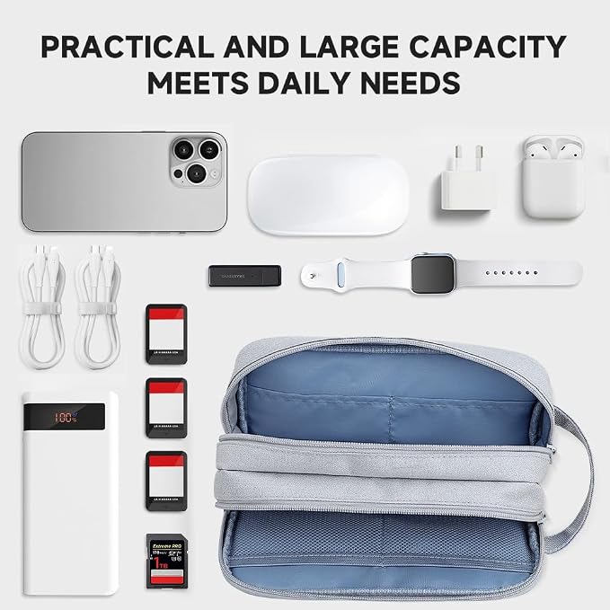 Teskyer Double Layer Cable Organizer Bag, Travel Tech Pouch, Light Grey | Elastic Bands Organization, Water Resistant Fabric, Multiple Compartments, Padded Protection, Travel and Office Use - Image 4