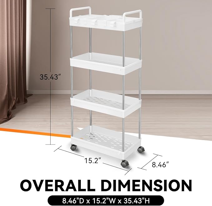 Auto Dynasty 4-Tier Rolling Utility Cart w/Handle, Narrow Storage, Big Size | Sturdy Steel Frame, Smooth-Rolling Casters, Multifunctional Shelves, Space-Saving Slim Design, for Office/Kitchen/Bathroom - Image 8