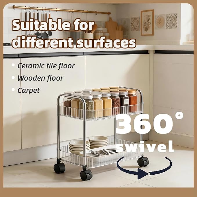 2 Tier Utility Rolling Cart with Wheels Sofa Side Table Small Under Desk Storage Organizer, Clear Acrylic Plastic Mobile Trolley Organization Storage Cart for Kitchen Pantry Bathroom Vanity - Image 8