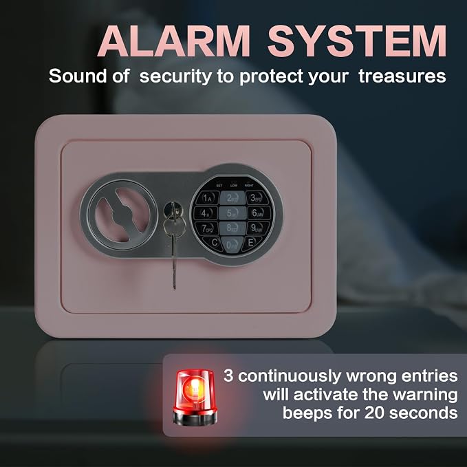 0.23 Cubic Feet Safe Box, Small Safe W/Fireproof Bag, Keys & Pass Code, Digital Electronic Security Money Box for Cash, Document, Home, Office, Hotel Use, Pink, 6.69"D x 9.06"W x 6.69"H - Image 3