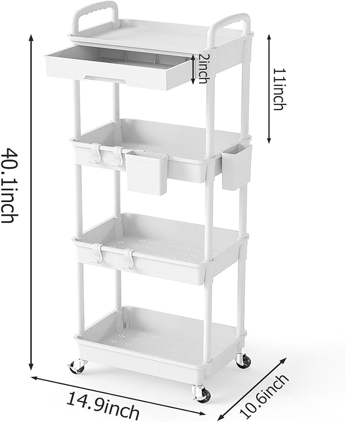4 Tier Rolling Utility Cart with Drawer, Plastic Storage Organizer Rolling Carts with Wheels Handles Hanging Cups Hooks for Office, Bathroom, Kitchen,Craft Art Room (White) - Image 2