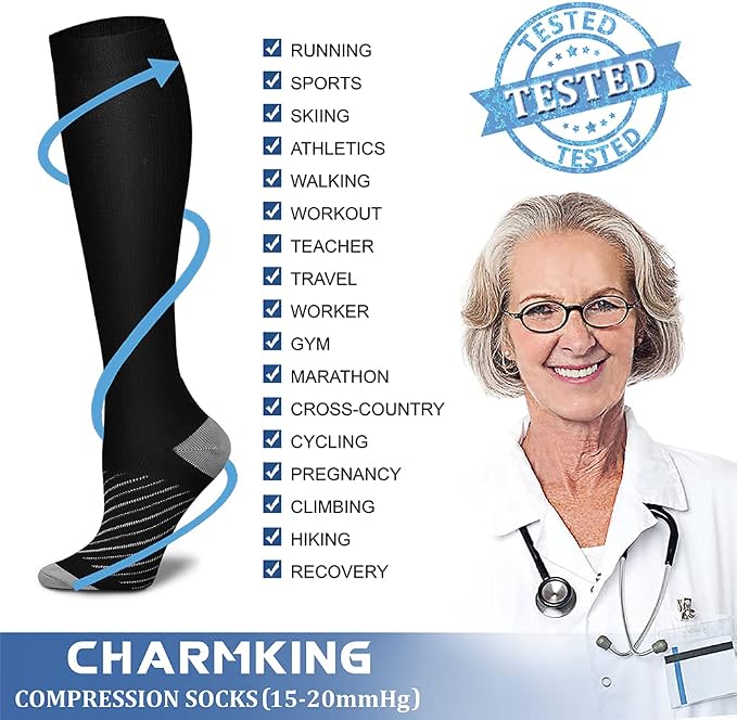 CHARMKING Compression Socks for Women & Men Circulation (8 Pairs) 15-20 mmHg Best Calf Socks Support for Athletic Cycling - Image 5