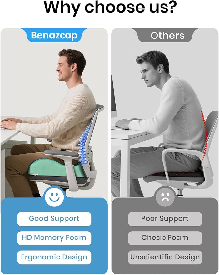 Benazcap Seat Cushion - Memory Foam Car Seat Pad - Sciatica & Lower Back Pain Relief - Car Seat Cushions for Driving - Road Trip Essentials for Drivers, Green - Image 5