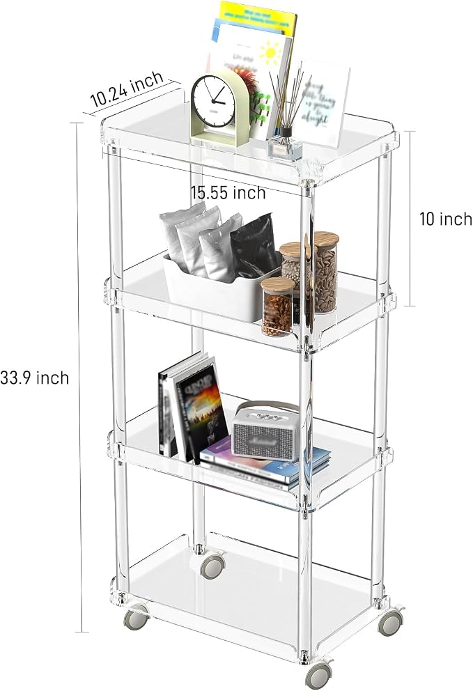 AQUIVER Acrylic Slim Storage Cart - 4 Tiers Narrow Rolling Cart - Utility Cart for Kitchen, Bathroom, Living Room, Laundry - 15.6 '' L x 10.2 '' W x 33.9 '' H - Image 2