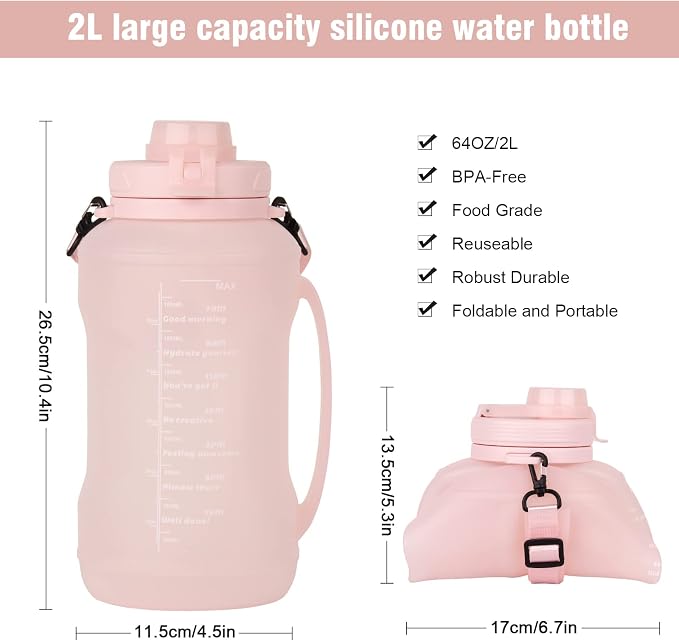 Collapsible Water Bottles, 2L/64OZ travel water bottle Bottle with Straw, Half Gallon Large Water Bottle for Travel Outdoor Sports Runing Fitness Yoga (Upgraded pink) - Image 4