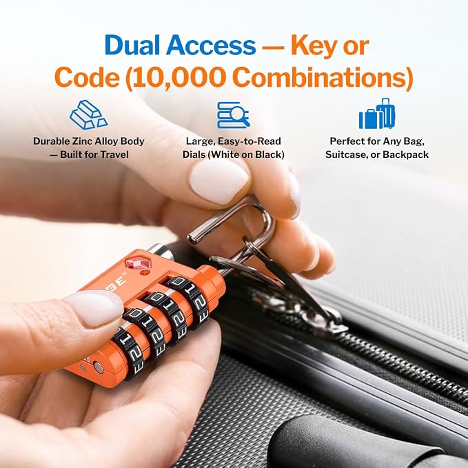 Forge Dual-Opening: Key or Combination Lock, TSA Approved Lock for Luggage, Pelican case, Travel, Gym, School, Luggage Combination Lock, Travel Bag Lock (Orange 2 Pk) - Image 7