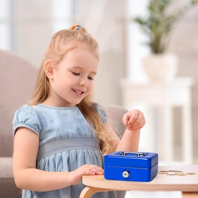 Jssmst Small Cash Box with Lock and Slot, Metal Coin Piggy Bank for Adults and Kids, Blue Locking Money Box - Image 8