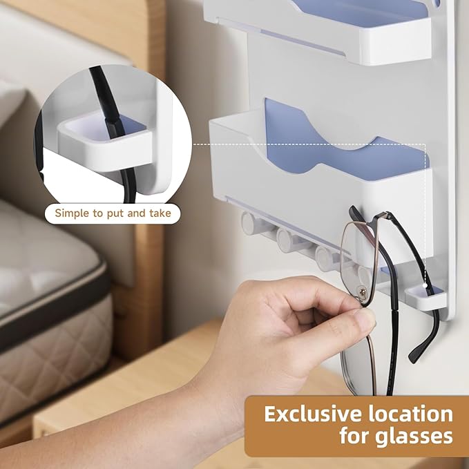 Bedside Wall Shelf with Glasses Hooks, Adhesive Bedside Organizer Wall Mount for Dorm and Room Accessories Phone，Remote，Earphone， Kindle (White) - Image 4