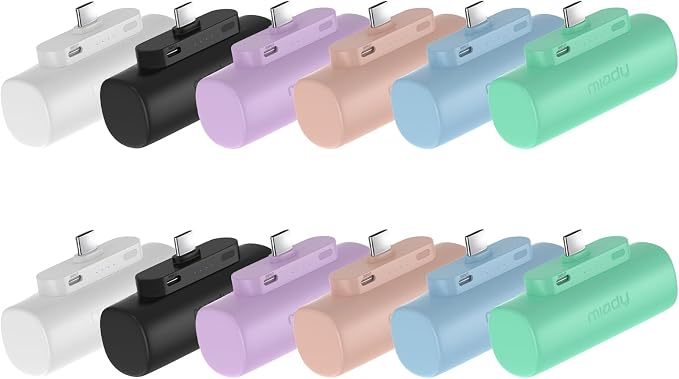 Miady 12-Pack Mini Portable Charger Built-in USB C Connector Power Bank | 5000mAh丨Lightweight丨for Backpack Travel丨Compatible with iPhone 17 Galaxy Android丨Ultra-Compact丨Flight-Safe丨18Wh丨6 colors by Miady