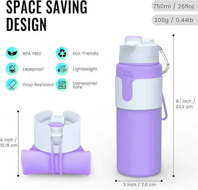Nefeeko Collapsible Water Bottle, BPA Free 26oz Silicone Water Bottles | Foldable Water Bottles for Travel Sports, Leak-Proof Spill-Proof Portable Water Bottle with Carabiner, Lightweight - Image 2