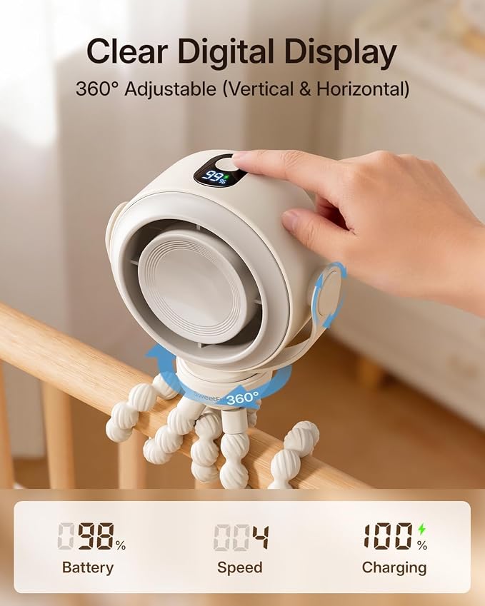 SWEETFULL Portable Stroller Fan, Pinch-Proof Baby Fan - Cream | Wide Turbine Airflow; Safe Design; LED Display; 5-Speed; 30dB Quiet; USB-C Rechargeable; Mini Clip On Fan for Car Seat & Bed - Image 5
